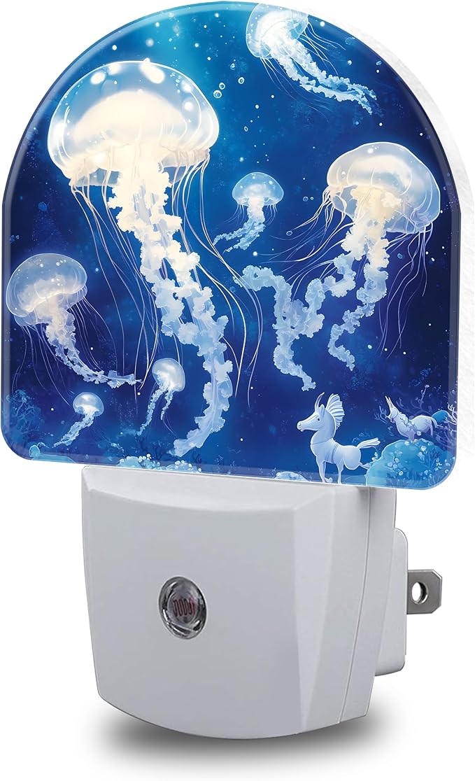 Underwater Night Lights Plug into Wall White Glowing Jellyfish Night Light Dusk to Dawn Smart Sensor Decorative Round Led Lamp for Bedroom Kitchen Hallway Nightlight for Women Men