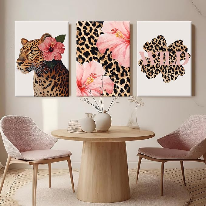 Trendy Leopard Wall Art Pink Cheetah Print Room Decor Leopard Flower Canvas Wall Decor Cheetah Aesthetic Poster Girly Pink Preppy Picture Funky Y2k Artwork for Girl Bedroom 12x16x3 Inch Wrapped Canvas
