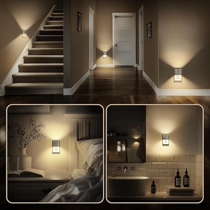 DORESshop LED Night Lights Plug into Wall [2 Pack], Plug in Nightlight, 3 Level Brightness Adjustable Night Light, Dusk to Dawn Sensor, Nightlights for Adults, Bedroom, Bathroom, Hallway, Silver Cover