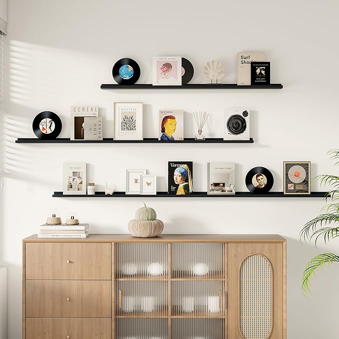 Fun Memories Picture Ledge Shelf, 60 Inch Floating Shelves Set of 2, Large Nursery Book Shelves for Toys Storage, Kids Bookshelf Wall Mounted for Wall Decor Books Photo Frames, Black
