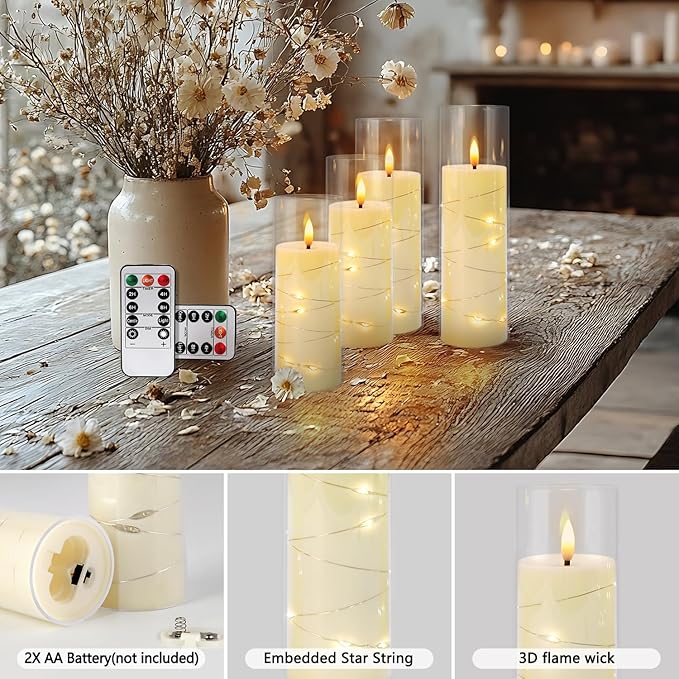 24 Pcs LED Flameless Candles with Remote, 3D Flickering Flame & LED String Lights, Acrylic Clear Cylinder, Timer Function, Romantic Ambience for Home Decor, Party, Wedding (Ivory).