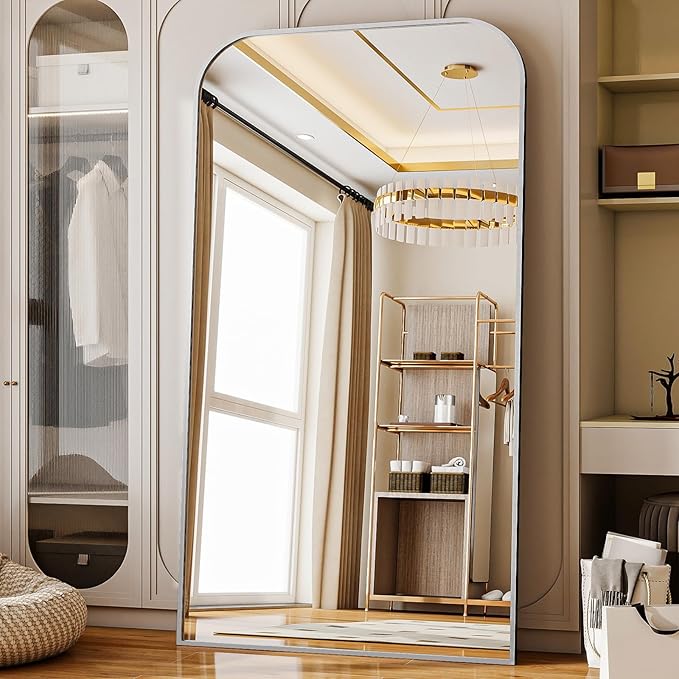 Full Length Mirror 86"x40" Arched Floor Standing Large Mirrors Full Body Mirror with Stand - with Aluminum Frame for Bedroom Living Room, Silver