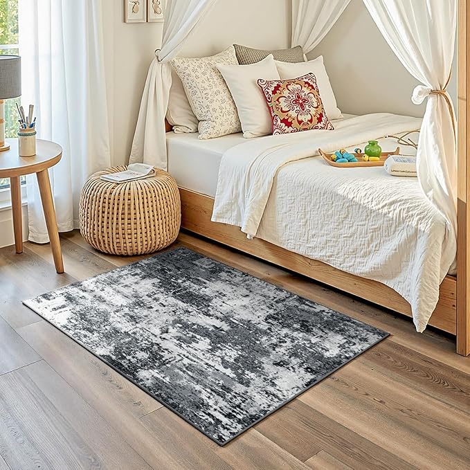 RELEANY Washable Area Rugs 3'x5' Non-Slip Modern Abstract Soft for Living Room Entryway Bedroom Nursery, Print Pattern, Black Navy Blue Gray