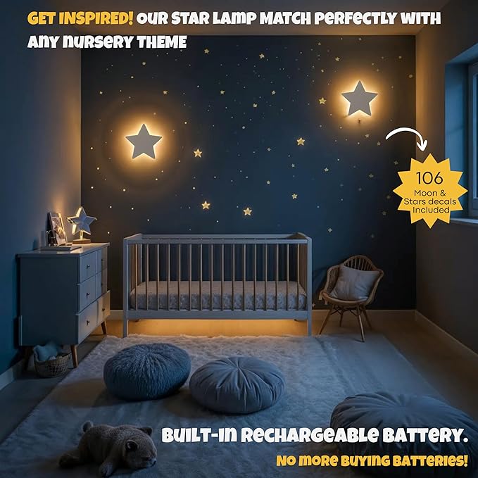 KALEOLI Star Wall Night Light with 106 Moon and Stars Wall Decals Set for Nursery – Rechargeable & Dimmable Crib and Toddlers Night Light - 90 Min Timer for Bedtime Routine
