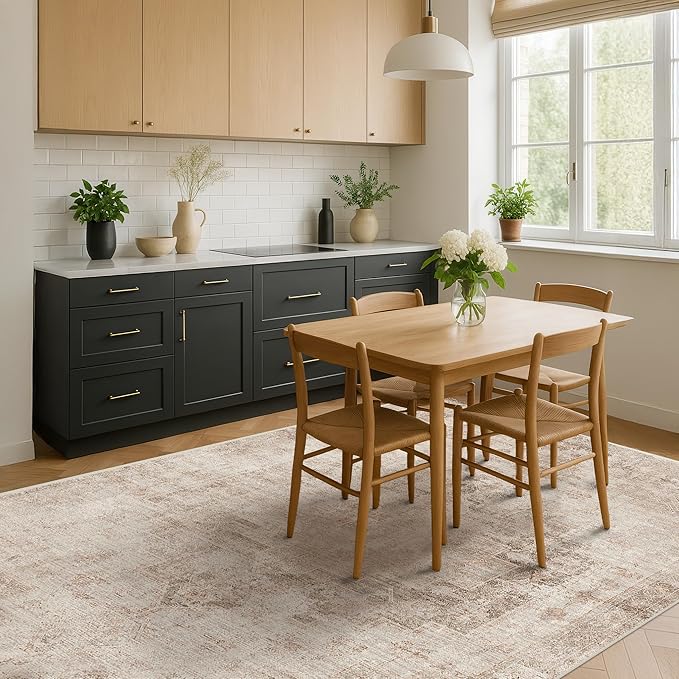 Hazo Haus Washable 5x7 Area Rugs for Living Room, Neutral Beige & Peach Farmhouse Rug for Dining Room & Bedroom, Ultra Soft Low-Pile Non-Slip Stain Resistant