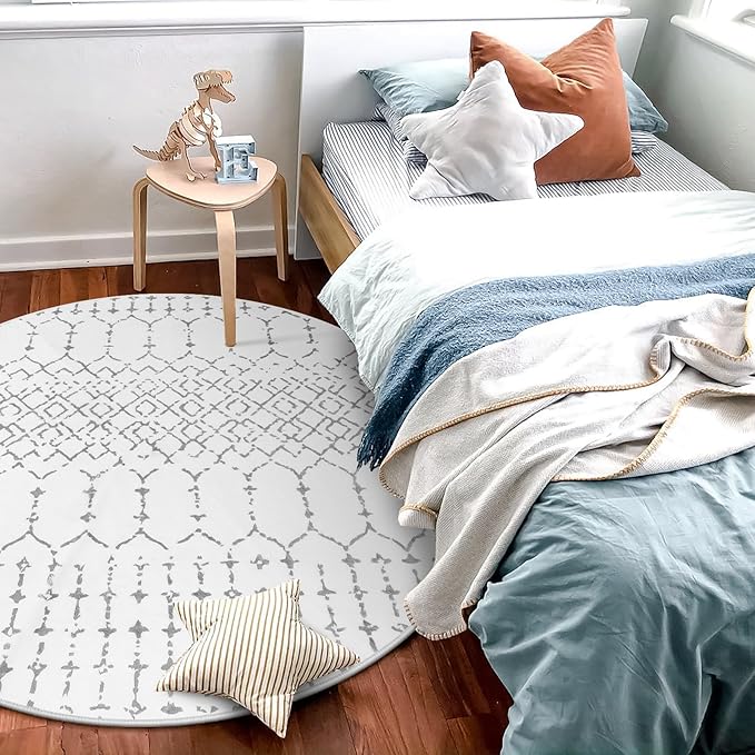 Lahome Moroccan Round Area Rug - 3Ft Round Rug Non-Slip Washable Soft Round Bathroom White Throw Small Circle Rug for Bedroom, Modern Geometric Print Low-Pile Round Rugs for Entryway Kitchen Sofa Hana
