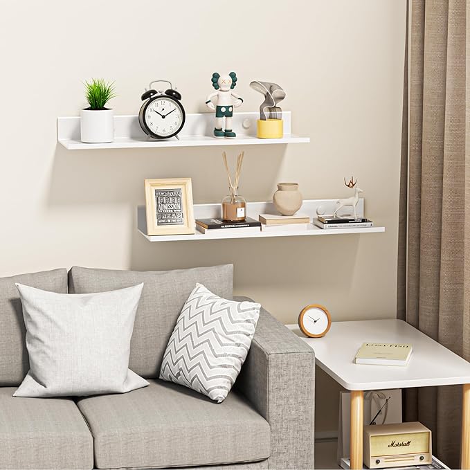 Wisfame Adhesive Floating Shelves, 15.7" Metal Bathroom Shelves for Wall Set of 2, Modern White Wall Shelf for Living Room, Bedroom Storage Display Decorative