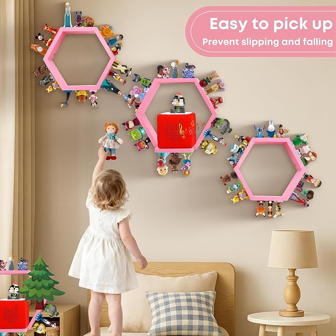 for Tonies Shelf Magnetic – Wooden Tonies Storage Shelf, Tonie Box Shelf with Tonies Holder, Wall Mounted Tonies Organizer for Kids Room (Pink)