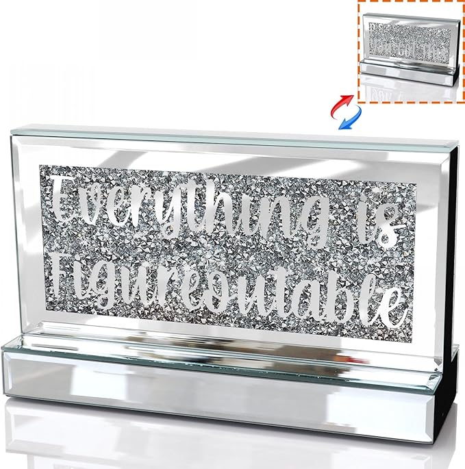 Silver Mirror Crystal Diamond Home Office Desk Art Decor, Daily Inspirational Office Supplies Sign and Reminder-Everything is Figureoutable & P.S. You Got This-9.1×5.1×3Inches