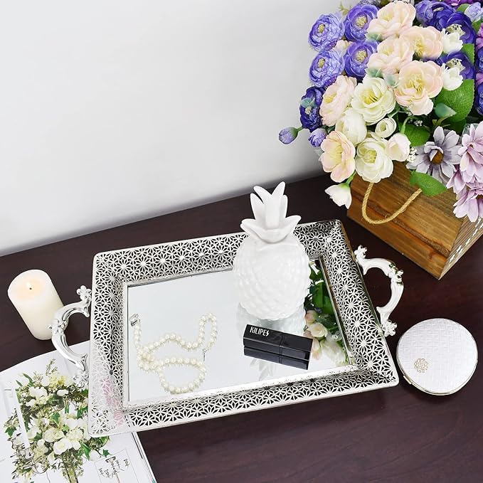 Decorative Mirrored Tray Home Decor Vanity Tray for Dresser Make Up Jewelry Organizer Silver Perfume Tray Rectangle Decorative Serving Glass Mirror
