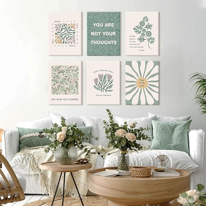 Mental Health Wall Art Therapy Office Canvas Wall Decor Green Motivational Posters Prints Boho Inspirational Quote Pictures Positive Psychology Artwork for Classroom 8x10 Inch Wrapped Canvas 6Pcs