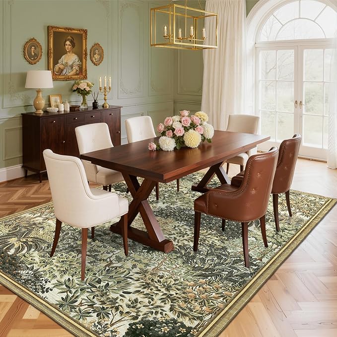 GarveeHome Forest Rugs 6x9, Brown Green Washable Area Rugs for Living Room 6x9, Botanical Low Pile Non Slip Stain Resistance Woodland Rug for Farmhouse, Bedroom, Dining Room