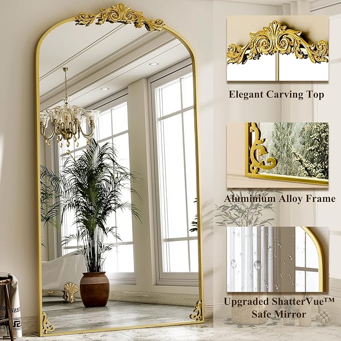 GLSLAND Oversized Vintage Mirror - 72"x 44" Full Length Mirror Large Carved Arched Mirrors with Metal Frame Baroque Full Body for Bathroom/Living Room/Entryway,Gold