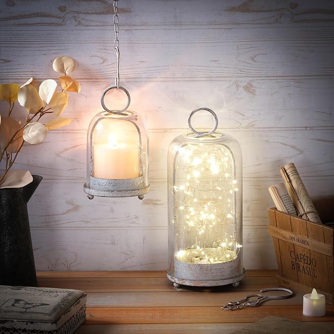 5" & 4" Wide Versatile Metal Candle Holder in Shabby White with Handmade Thick, Heavy & Sturdy Glass Dome for Pillar Candle, Industrial, Modern, Shelf, Mantel, Veranda, Porch