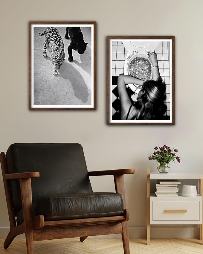 EcoHest Cheetah and Jaguar Walking Framed Wall Art, Walnut Color 12x16 in OAK Wood Vintage Black and White Funny Bathroom Canvas Art, Fashion 1950s Poster Decor, Set of 1 for Bedroom Living Room