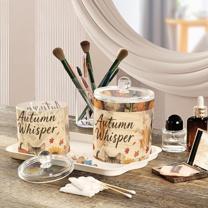 Hello Fall Autumn Cat Pumpkin Sunflower Clear Plastic Makeup Organizer Storage with lid Dresser Essentials Decorative small storage bins for Cotton Swabs,Cotton Pads,Floss Picks,Paper