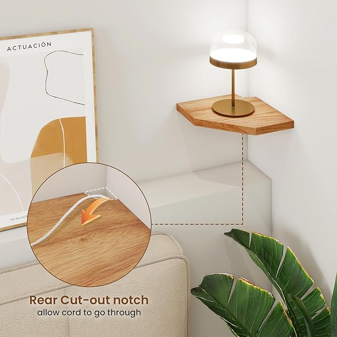 Fun Memories Corner Shelf Wall Mount Set of 2 - Solid Oak Wood Floating Corner Shelf with Cable Hole, 7in Rustic Design for Bedroom, Living Room, Kitchen (Natural)