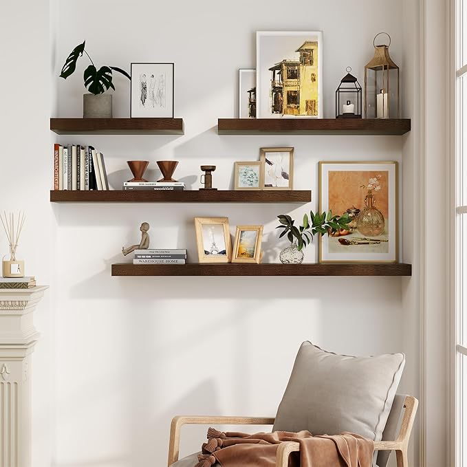 Marsmiles Solid Wood Floating Shelves for Wall, 55”W x 9”D x 1.56”H Large Wall Shelves for Living Room Bedroom Bathroom Kitchen Drcor Storage with Invisible Heavy-Duty Metal Bracket, Walnut, Set of 1