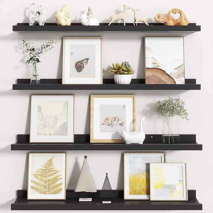 Fun Memories Picture Ledge Shelf, Black Floating Shelves Set of 4, 32 Inch Picture Shelves for Wall with Ledge, Large Nursery Book Shelf for Toys Storage, Living Room, Bedroom Decor Frames