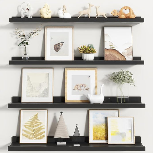 Fun Memories Picture Ledge Shelf, Black Floating Shelves Set of 4, 32 Inch Picture Shelves for Wall with Ledge, Large Nursery Book Shelf for Toys Storage, Living Room, Bedroom Decor Frames