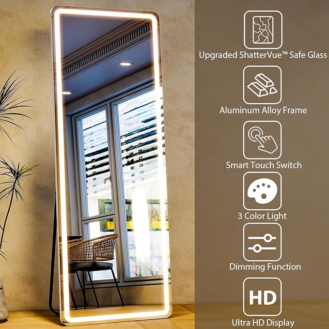 Full Length Mirror with LED Lights, LED Mirrors Full Length Floor Mirror Full Body Mirror for Bedroom Wall Mounted Free Standing (Rectangle, 68" L×26" W)