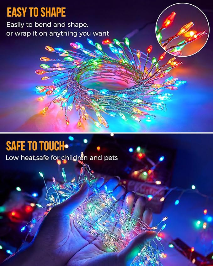 Battery Operated Fairy Lights, 10Feet 120LEDs Firecracker String Lights Waterproof Silver Wire Starry Firefly Lights for DIY Wreath Home Wedding Indoor Outdoor Christmas Decorations, Multicolor