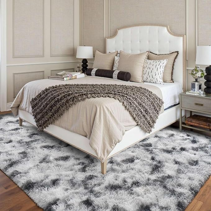 FinRèc 9x12 Rugs for Living Room Bedroom, Black and White Fluffy Shaggy Area Rug, Non-Slip Soft Shag Rug for Nursery Kids Room Dorm Room Home Decor, Indoor Plush Floor Carpet