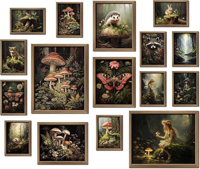 ANERZA 16 PCS Framed Dark Cottagecore Wall Art Decor, Cottage Core Wall Prints for Bedroom, Gallery Wall Frame Set, Fairycore Posters for Living Room Aesthetic, Nature Forest Mushroom Dorm Home Decor