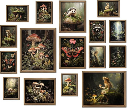 ANERZA 16 PCS Framed Dark Cottagecore Wall Art Decor, Cottage Core Wall Prints for Bedroom, Gallery Wall Frame Set, Fairycore Posters for Living Room Aesthetic, Nature Forest Mushroom Dorm Home Decor