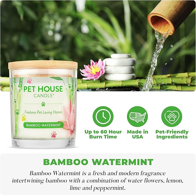 Pet House Candles, Clean Burning, Long Lasting Scented Pet Odor Candles for Home - Bamboo Watermint, Med Sea, 2 Pack
