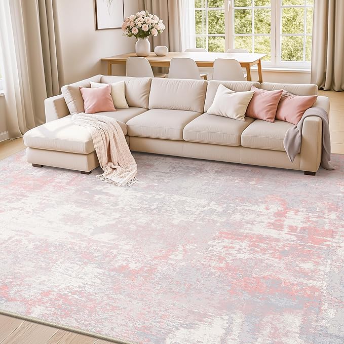 RELEANY Washable Area Rugs 5'x8' Non-Slip Modern Abstract Soft for Living Room Entryway Bedroom Nursery, Print Pattern, Grey Pink