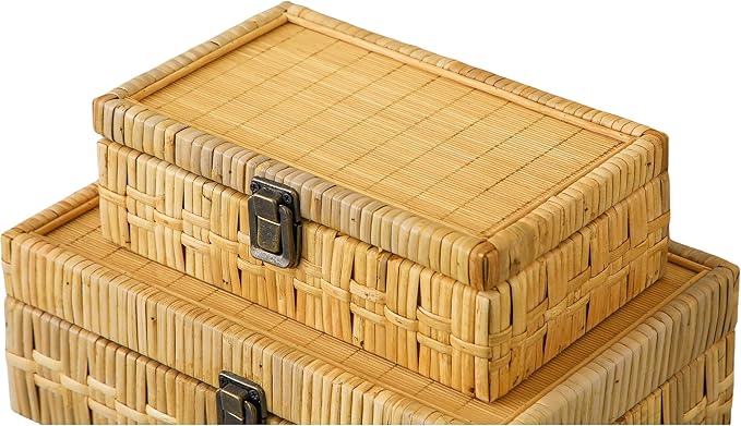 SOFE Rectangular Rattan Box with Lid Set of 2 - Boho Decorative Basket for Shelf Bathroom Storage - Woven Bins Organizer for Jewelry, Snacks, Toys, Keys