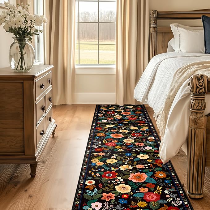 RELEANY Floral Nursery 2x10 Area Rugs Washable Print Boho Cute Carpet Non Slip Flower Low Pile for Living Room Kids Girls Playroom Bedroom Kitchen Office Farmhouse-Black