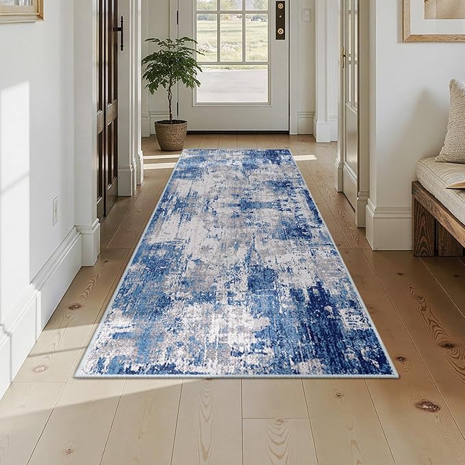 RELEANY Washable Area Rugs 3x8 Non-Slip Modern Abstract Soft for Living Room Entryway Bedroom Nursery, Print Pattern, Blue Grey Navy Gray