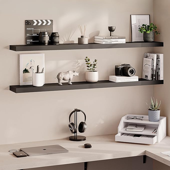 Ballucci Floating Shelves for Wall, 55 inch 2-Tier Black Shelf, Invisible Brackets, Wood Wall Shelf for Living Room, Bedroom, Kitchen Organizer, Clearing Clutter