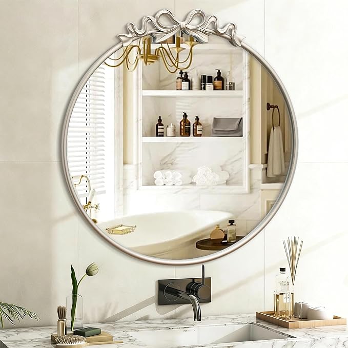 Besdomus Antique Large Wall Mirror: 27" Champagne Silver Bow Vintage Wall Mounted Mirror - Baroque Traditional Ornate for Fireplace/Bathroom/Living Room - Wall Decor for Teen Girl