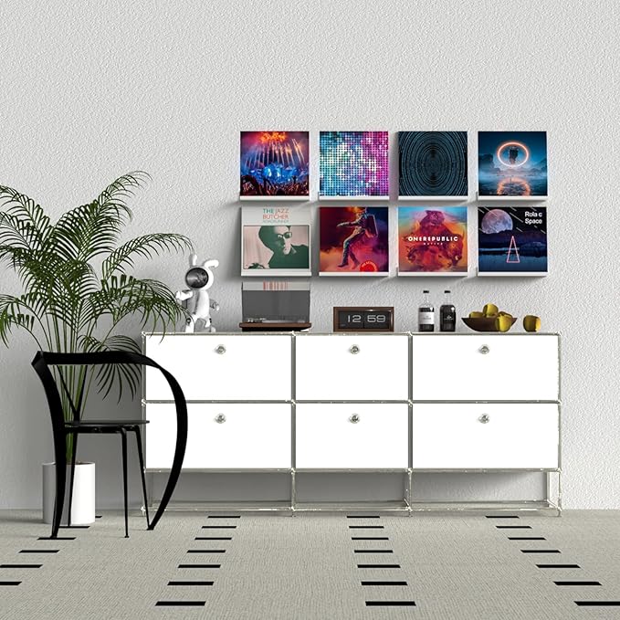 ILYXY Acrylic Vinyl Record Holder Wall Mount – 8 Pack 12-Inch Floating Vinyl Shelves, White Record Display Frames for LP Albums & Wall Decor