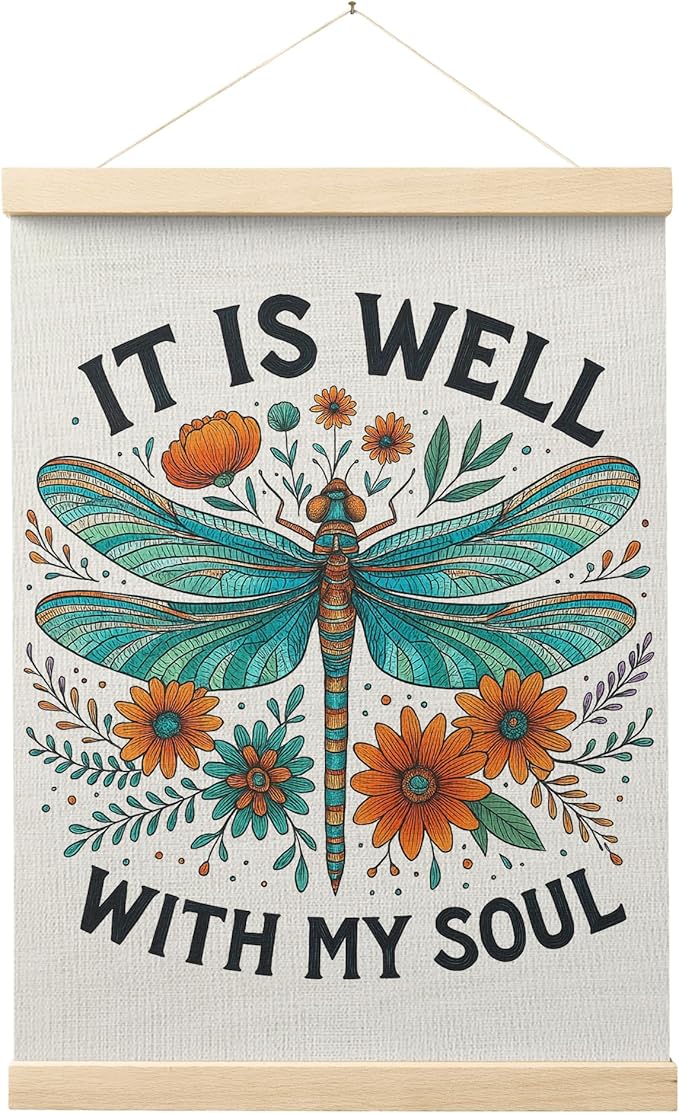 FGFK Floral Dragonfly Christian Wall Art Poster Hanger Frame, It Is Well with My Soul Bible Verse Religious Canvas Prints Framed Wall Decor for Home Bedroom Office Church, 12x16 Inch