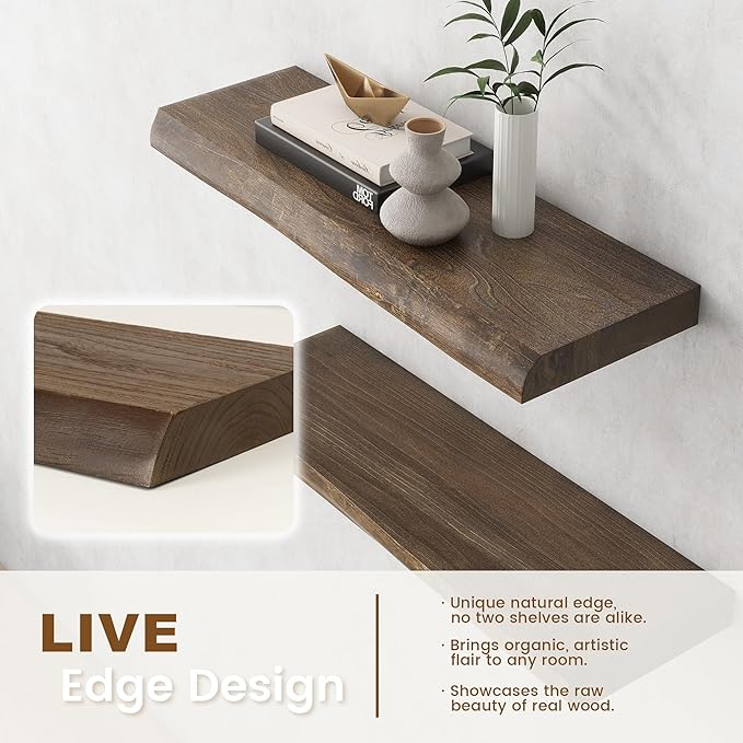 Venusmiles Live Edge Elm Floating Shelves for Wall Decor, Rustic Solid Wood Shevles Wall Mounted with Invisible Bracket for Living Room Bathroom Bedroom Kitchen, 24 Inch Set of 2, Walnut