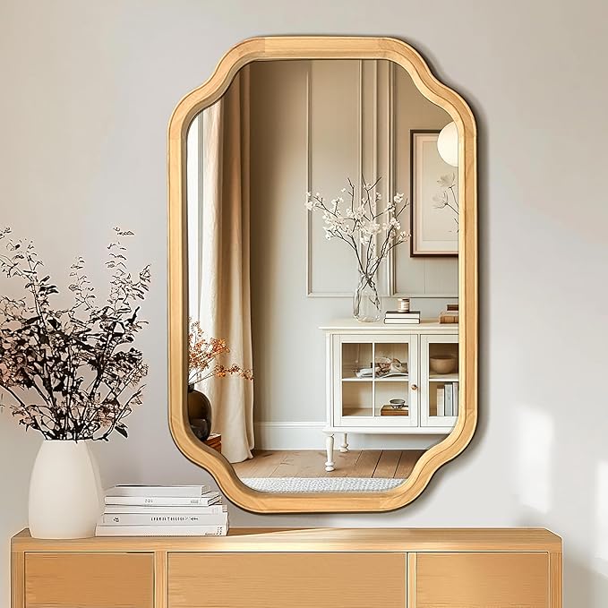 Wooden Bathroom Mirror for Wall, 24" x 36" Rustic Vanity Mirror for Over Sink, Natural Wood Wall Mirror with Decorative Rounded Corner Frame for Bathroom,Farmhouse, Entryway, Bedroom, Living Room