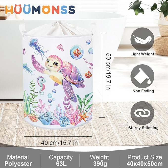 Ocean Animals Baby Laundry Hamper Collapsible Clothes Kids Storage Basket Large Boys Girls Gift Toy Box Bin for Nursery Room, Sea Turtle, 63L