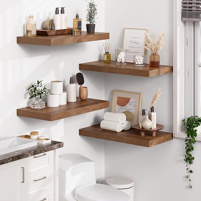 Heimlove 12" Deep Floating Shelves for Wall, 24x12 Inch Shelf Bathroom Shelves Set of 2, Mounted Shelves for Books Living Room Laundry Room Bedroom Kitchen Home Office, Walnut