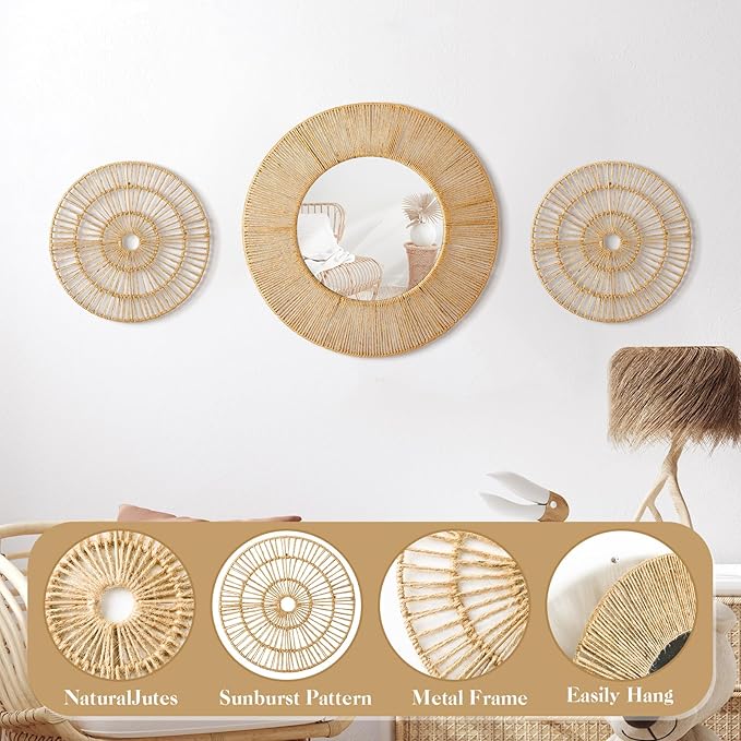Yerliker 3 Pcs Boho Mirror Wall Decor, Natural Jute Woven Round Mirror, 19.7" Large Decorative Mirrors with 2 Wall Art Plaques, Rustic Farmhouse Coastal Decor for Bathroom Bedroom Living Room Entryway