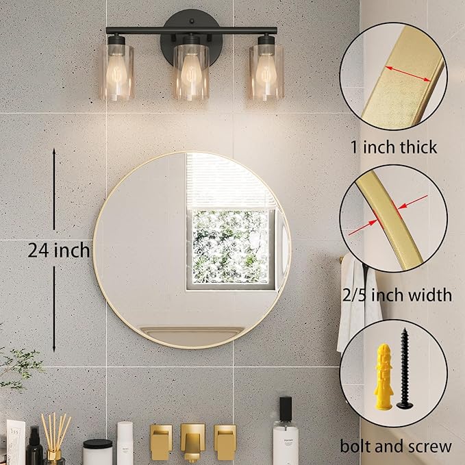 Gold Round Mirror, 24 inch Round Bathroom Mirror, Gold Circle Mirror for Bathroom, Wall Decor for Living Room, Entry Way, Bedroom, Metal Framed