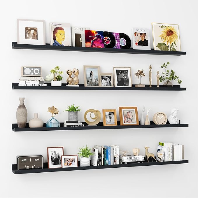 Axeman Picture Ledge Shelf | 55 Inch Black Floating Shelves Set of 4 | Rustic Wood Wall Shelves with Lip | 55" Black Picture Shelves for Wall with Ledge | Photo Shelves