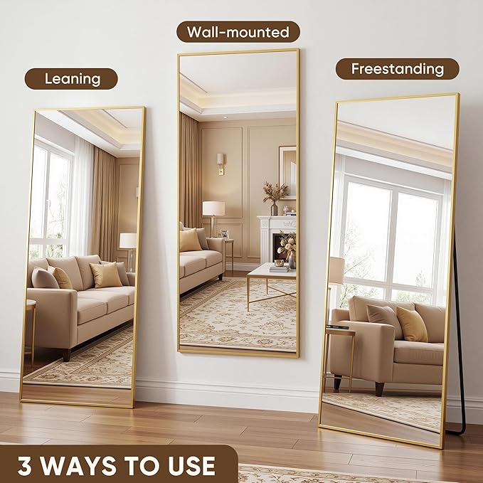 Antok Full Length Mirror, 58"x18" Floor Mirror with Stand, Hanging Mounted Mirrors for Bedroom, Living Room, Cloakroom, Dining Room, Gold, Rect