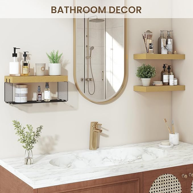 Acovy Bathroom Floating Shelves for Wall,16 inch Wall Mounted Floating Shelf Toilet Organizer and Storage,Small Farmhouse Decor Shelf,Oak,Set of 3