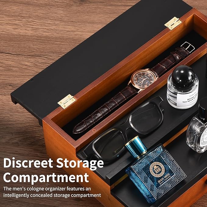 Perfume Organizer for Men, 3 Tier Wood Perfume Display Stand with Velvet Lining Drawer and Hidden Compartment for Watch,Jewelry,Perfume Display Risers,A Gift for Men (Black+Walnut)