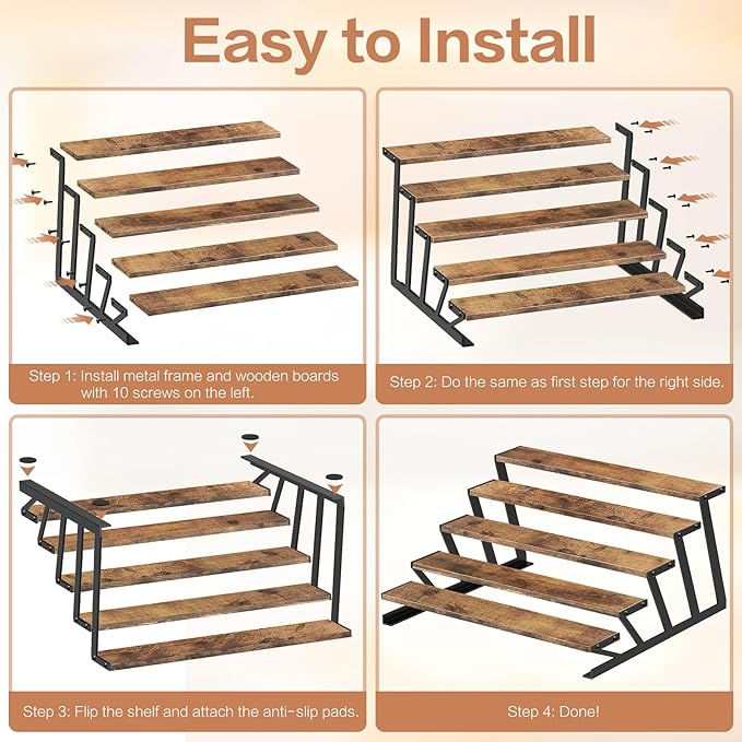 KALYLOC 5 Tier Wooden Display Riser Stand 13.8 Inch Metal Step Perfume Stand Organizer Tabletop Tiered Display Shelf Rack for Cologne Cupcake Spice Figures Cosmetics Candles (Brown, Z-Shape)
