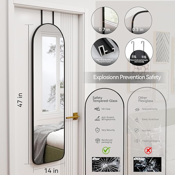 SCWF-GZ 47x14 Mirror Full Length Back Door Hanging or Wall Mounted Aluminum Metal Frame Arch Mirrors for Entryway Bedroom Bathroom Dressing Living Room 47 14 inch Black